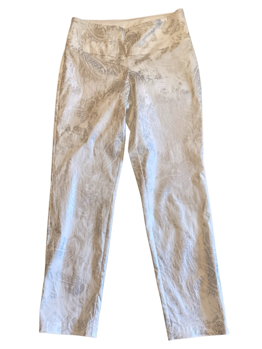 Up! Pants White Silver Metallic Paisley Pull-On Ankle Dress Pants Size 14 Career